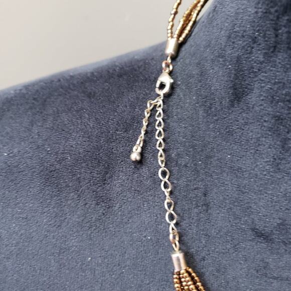 Womens Multi Strand Metal Gold Seed Beads Disk Pendant Necklace with Lobster - Picture 7 of 7